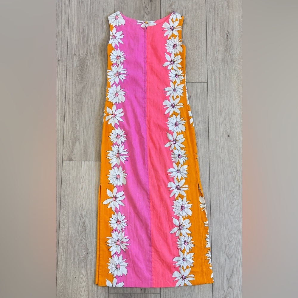 Vintage Hawaiian Homemade Barkcloth Floral Pink Orange Maxi Sheath Column Dress - Picture 2 of 13